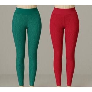 Lot 2 Honeycomb Textured Leggings‎ M Teal & Red High Waist Seamless Fit